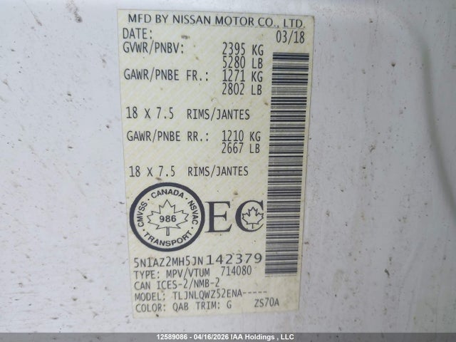 5N1AZ2MH5JN142379 Nissan Murano Midnight Edition/platinum/sl/sv