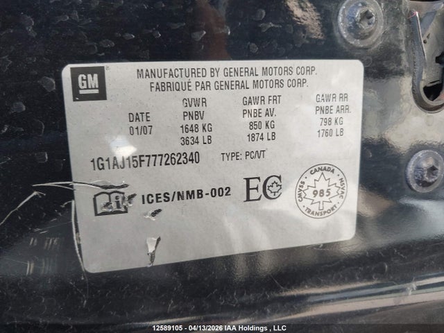 Продажа на аукционе авто 2007 Chevrolet Cobalt Ls, vin: 1G1AJ15F777262340, номер лота: 12589105