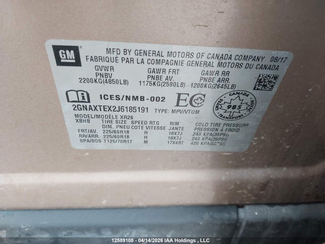 2018 Chevrolet Equinox Lt მანქანა იყიდება აუქციონზე, vin: 2GNAXTEX2J6185191, აუქციონის ნომერი: 12589108
