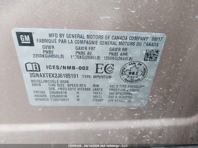 2018 Chevrolet Equinox Lt მანქანა იყიდება აუქციონზე, vin: 2GNAXTEX2J6185191, აუქციონის ნომერი: 12589108