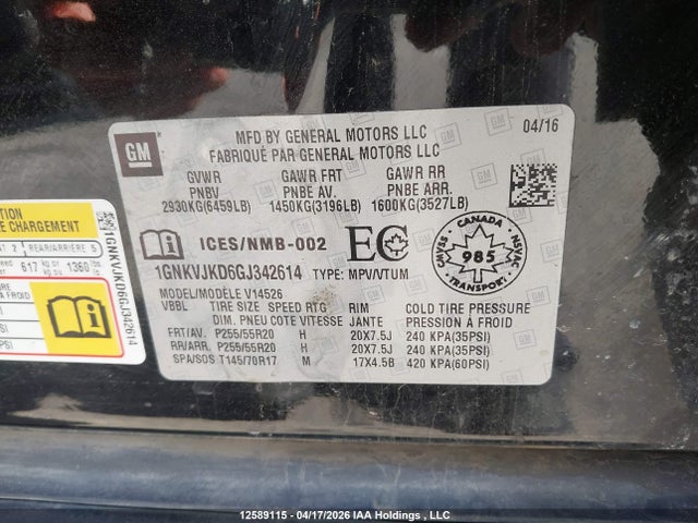 Aukcja sprzedaży 2016 Chevrolet Traverse Ltz, vin: 1GNKVJKD6GJ342614, numer aukcji: 12589115