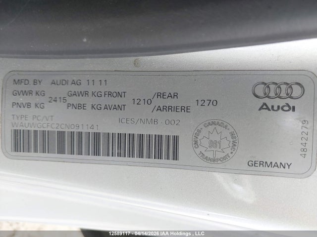 Aukcja sprzedaży 2012 Audi A7 Premium, vin: WAUWGCFC2CN091141, numer aukcji: 12589117