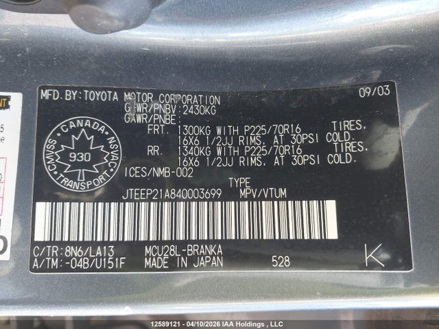 2004 Toyota Highlander მანქანა იყიდება აუქციონზე, vin: JTEEP21A840003699, აუქციონის ნომერი: 12589121