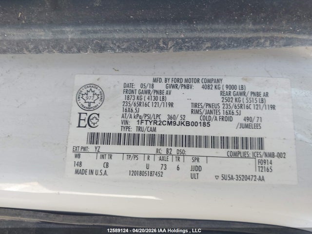 Продаж на аукціоні авто 2018 Ford Transit T-250, vin: 1FTYR2CM9JKB00185, номер лоту: 12589124