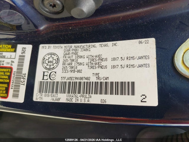 5TFJA5EC9NX007402 Toyota Tundra