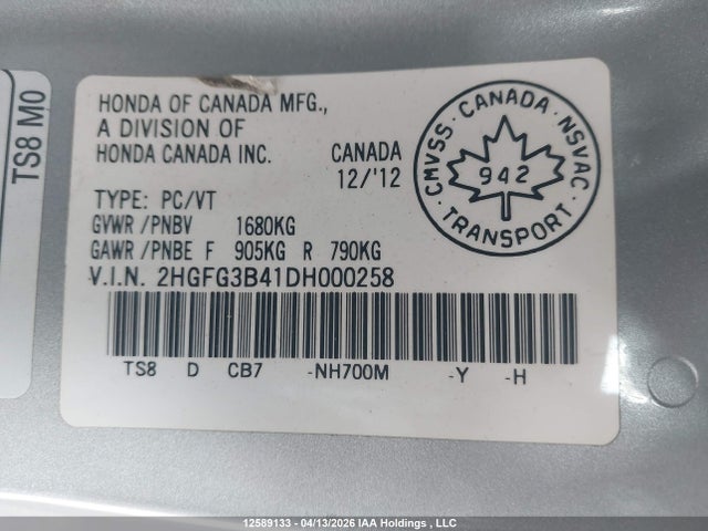Aukcja sprzedaży 2013 Honda Civic Lx, vin: 2HGFG3B41DH000258, numer aukcji: 12589133
