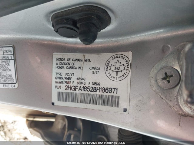 Aukcja sprzedaży 2008 Honda Civic Lx, vin: 2HGFA16528H106071, numer aukcji: 12589135