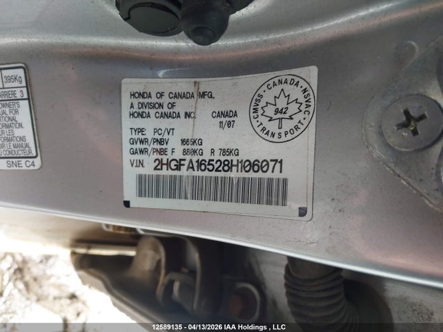 Aukcja sprzedaży 2008 Honda Civic Lx, vin: 2HGFA16528H106071, numer aukcji: 12589135