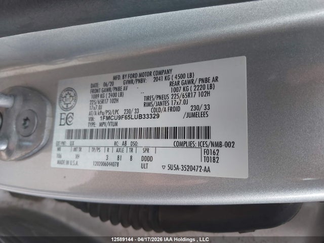 12589144 :رقم المزاد ، 1FMCU9F65LUB33329 vin ، 2020 Ford Escape S مزاد بيع