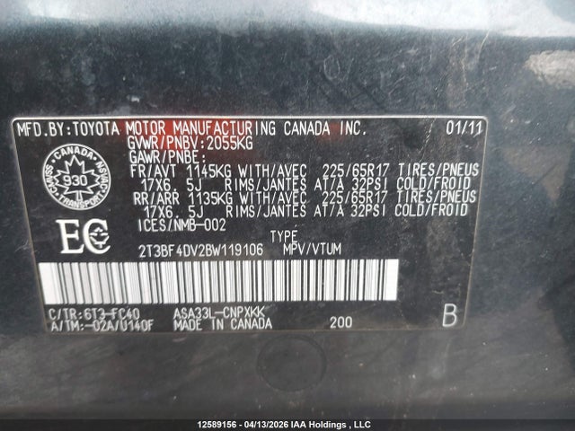 Aukcja sprzedaży 2011 Toyota Rav4, vin: 2T3BF4DV2BW119106, numer aukcji: 12589156