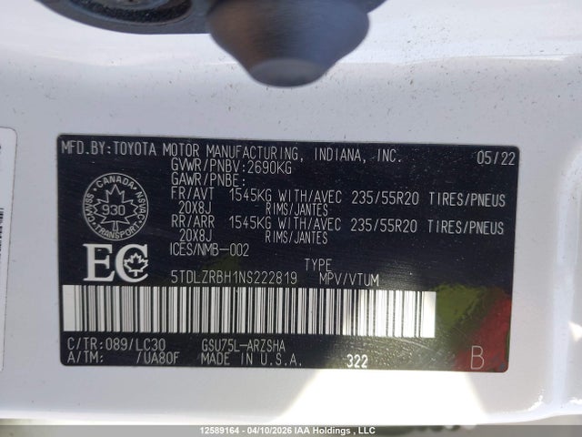 Aukcja sprzedaży 2022 Toyota Highlander Xse, vin: 5TDLZRBH1NS222819, numer aukcji: 12589164