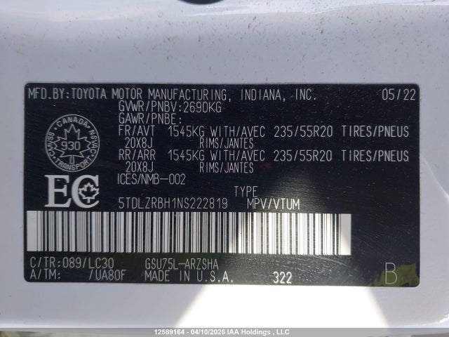 Aukcja sprzedaży 2022 Toyota Highlander Xse, vin: 5TDLZRBH1NS222819, numer aukcji: 12589164
