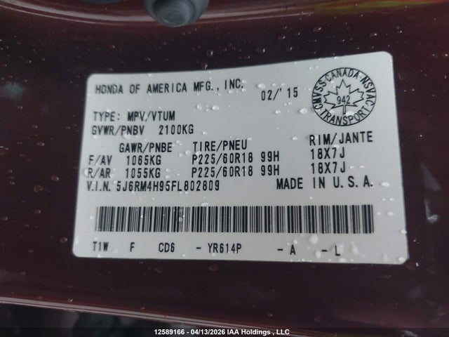 12589166 :رقم المزاد ، 5J6RM4H95FL802809 vin ، 2015 Honda Cr-v Touring مزاد بيع