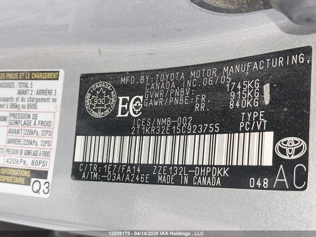 Aukcja sprzedaży 2005 Toyota Matrix Wagon, vin: 2T1KR32E15C923755, numer aukcji: 12589175