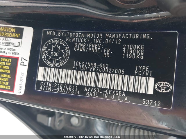 Aukcja sprzedaży 2012 Toyota Camry Hybrid/le/xle, vin: 4T1BD1FK7CU027006, numer aukcji: 12589177