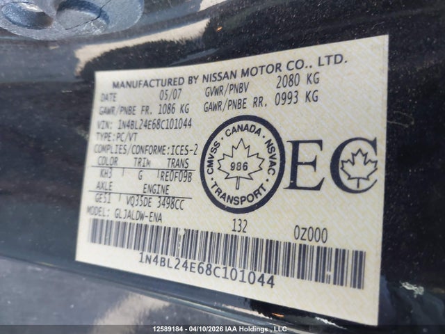 2008 Nissan Altima 3.5 Se მანქანა იყიდება აუქციონზე, vin: 1N4BL24E68C101044, აუქციონის ნომერი: 12589184