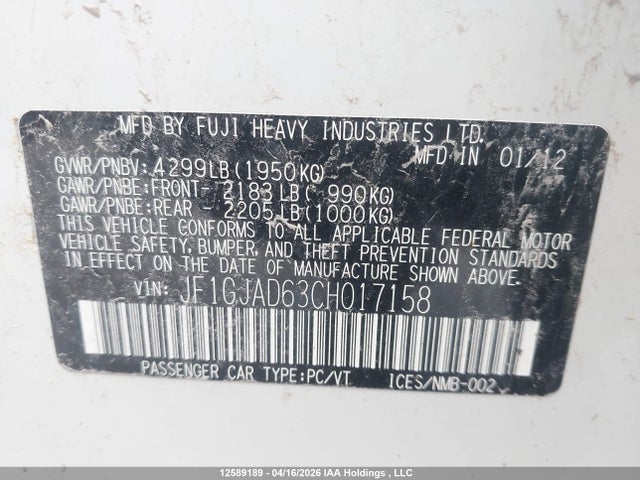 Aukcja sprzedaży 2012 Subaru Impreza 2.0i Touring Package, vin: JF1GJAD63CH017158, numer aukcji: 12589189