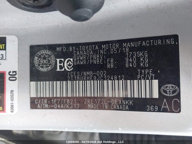 2T1BURHE9JC124812 Toyota Corolla