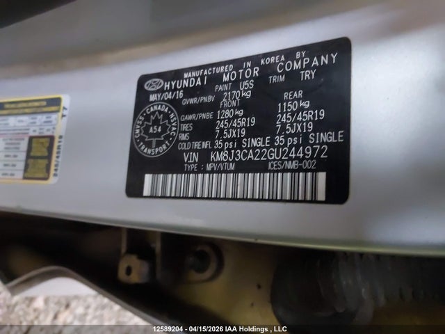 Продаж на аукціоні авто 2016 Hyundai Tucson Limited, vin: KM8J3CA22GU244972, номер лоту: 12589204