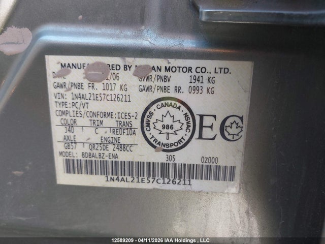 2007 Nissan Altima 2.5 S მანქანა იყიდება აუქციონზე, vin: 1N4AL21E57C126211, აუქციონის ნომერი: 12589209