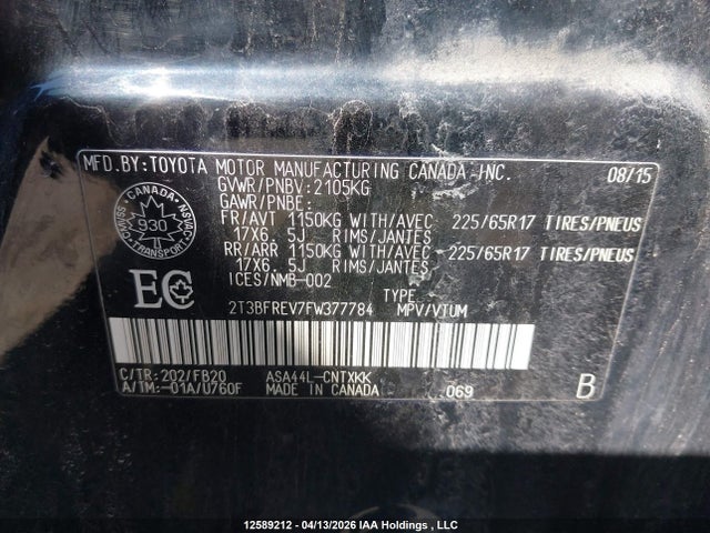 12589212 :رقم المزاد ، 2T3BFREV7FW377784 vin ، 2015 Toyota Rav4 Le مزاد بيع