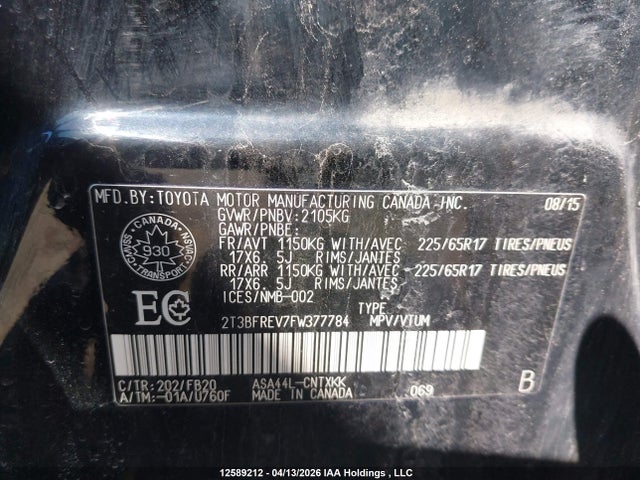 12589212 :رقم المزاد ، 2T3BFREV7FW377784 vin ، 2015 Toyota Rav4 Le مزاد بيع