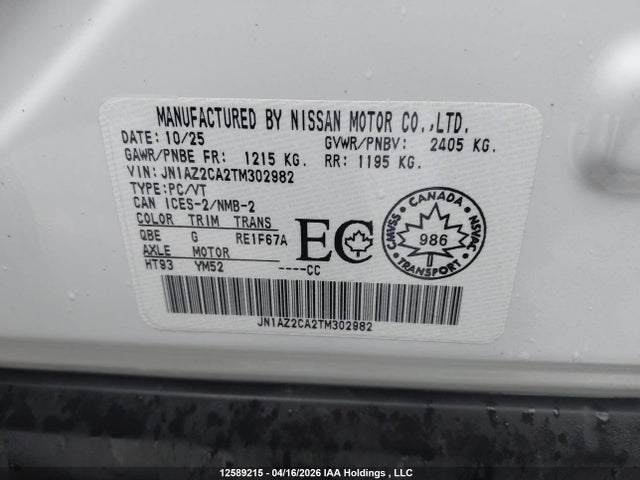 Продаж на аукціоні авто 2026 Nissan Leaf Sv Plus Fwd, vin: JN1AZ2CA2TM302982, номер лоту: 12589215