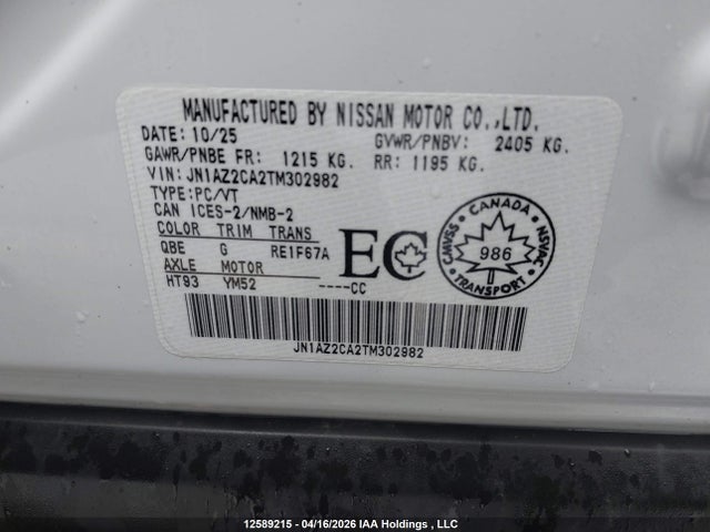 Продаж на аукціоні авто 2026 Nissan Leaf Sv Plus Fwd, vin: JN1AZ2CA2TM302982, номер лоту: 12589215