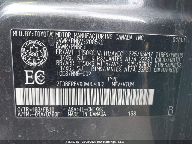 12585715 :رقم المزاد ، 2T3BFREVXDW004882 vin ، 2013 Toyota Rav4 Le مزاد بيع