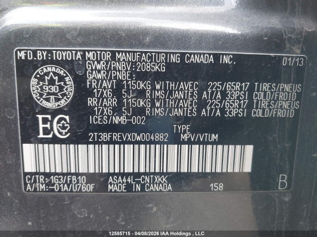 12585715 :رقم المزاد ، 2T3BFREVXDW004882 vin ، 2013 Toyota Rav4 Le مزاد بيع