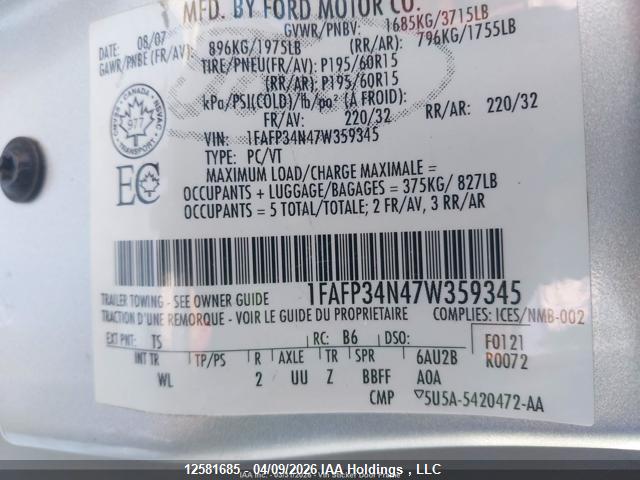 Aukcja sprzedaży 2007 Ford Focus S/se/ses, vin: 1FAFP34N47W359345, numer aukcji: 12581685