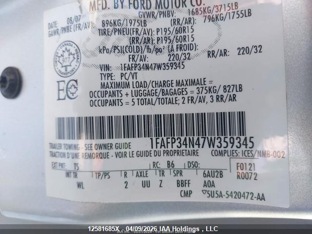 Aukcja sprzedaży 2007 Ford Focus S/se/ses, vin: 1FAFP34N47W359345, numer aukcji: 12581685