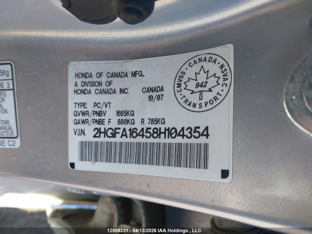 Продаж на аукціоні авто 2008 Honda Civic Dx-g, vin: 2HGFA16458H104354, номер лоту: 12589231