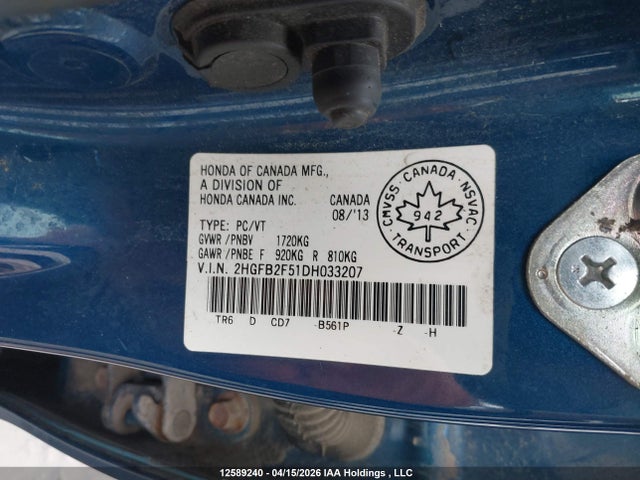 Aukcja sprzedaży 2013 Honda Civic Lx, vin: 2HGFB2F51DH033207, numer aukcji: 12589240