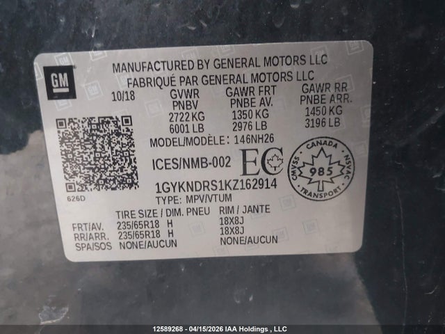 1GYKNDRS1KZ162914 Cadillac XT5 LUXURY