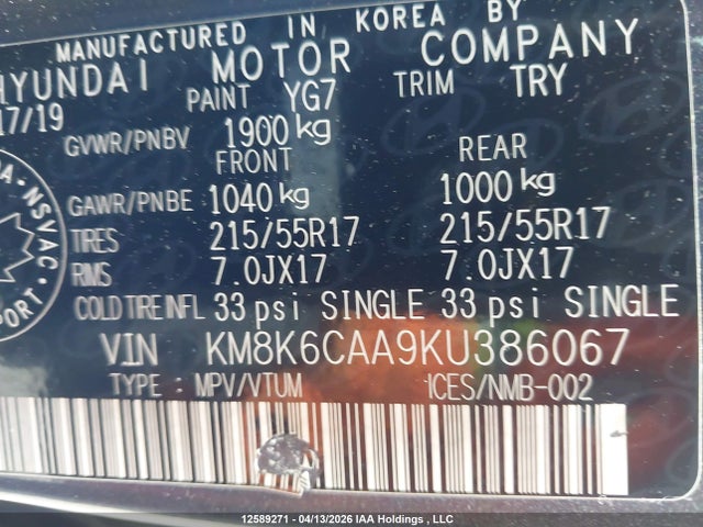 12589271 :رقم المزاد ، KM8K6CAA9KU386067 vin ، 2019 Hyundai Kona 2.0l Luxury مزاد بيع