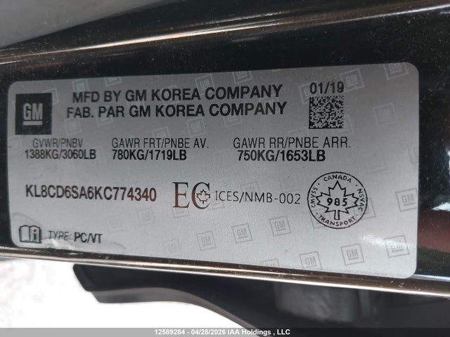12589284 :رقم المزاد ، KL8CD6SA6KC774340 vin ، 2019 Chevrolet Spark 1lt مزاد بيع