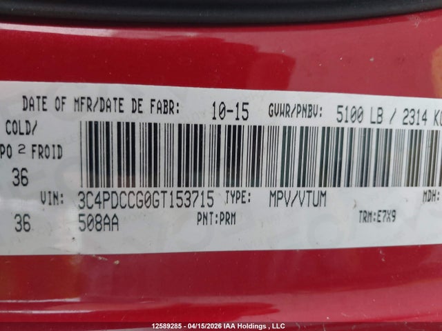 Продаж на аукціоні авто 2016 Dodge Journey Sxt/limited, vin: 3C4PDCCG0GT153715, номер лоту: 12589285