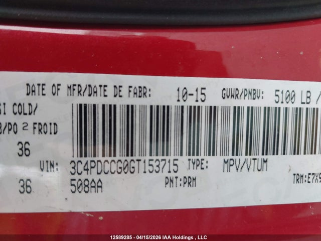 Продаж на аукціоні авто 2016 Dodge Journey Sxt/limited, vin: 3C4PDCCG0GT153715, номер лоту: 12589285