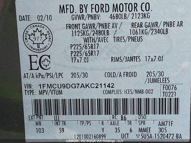 2010 Ford Escape Xlt მანქანა იყიდება აუქციონზე, vin: 1FMCU9DG7AKC21142, აუქციონის ნომერი: 12589292