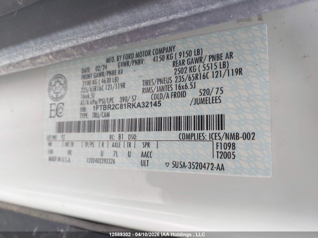 Продажа на аукционе авто 2024 Ford Transit T-250, vin: 1FTBR2C81RKA32145, номер лота: 12589302