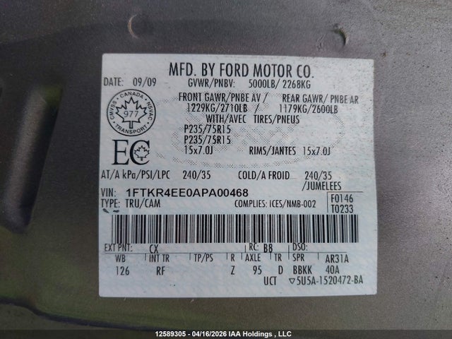12589305 :رقم المزاد ، 1FTKR4EE0APA00468 vin ، 2010 Ford Ranger Sport/xl/xlt مزاد بيع