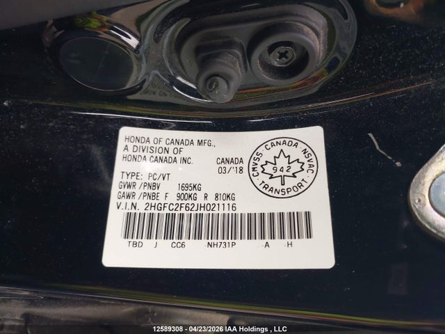 12589308 :رقم المزاد ، 2HGFC2F62JH021116 vin ، 2018 Honda Civic Se مزاد بيع