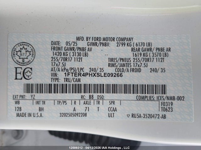 Продаж на аукціоні авто 2025 Ford Ranger Xl, vin: 1FTER4PHXSLE09266, номер лоту: 12589312
