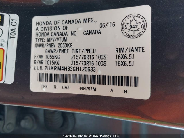 12589316 :رقم المزاد ، 2HKRM4H33GH120633 vin ، 2016 Honda Cr-v Lx مزاد بيع