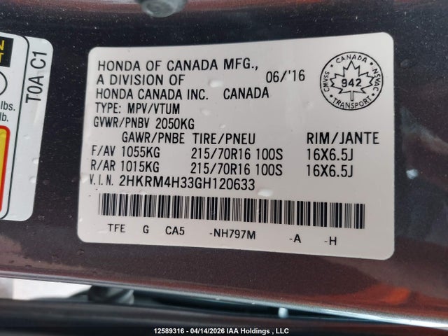 12589316 :رقم المزاد ، 2HKRM4H33GH120633 vin ، 2016 Honda Cr-v Lx مزاد بيع