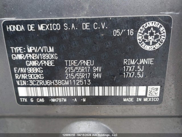 3CZRU6H38GM112513 Honda HR-V LX