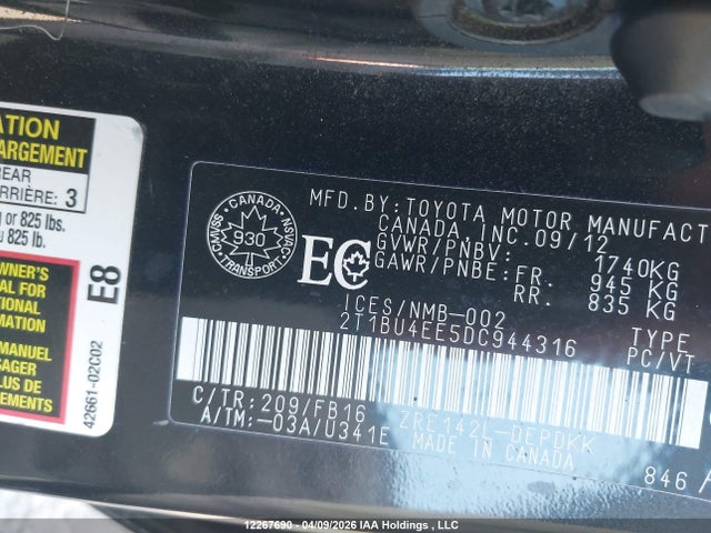 12267690 :رقم المزاد ، 2T1BU4EE5DC944316 vin ، 2013 Toyota Corolla Ce مزاد بيع