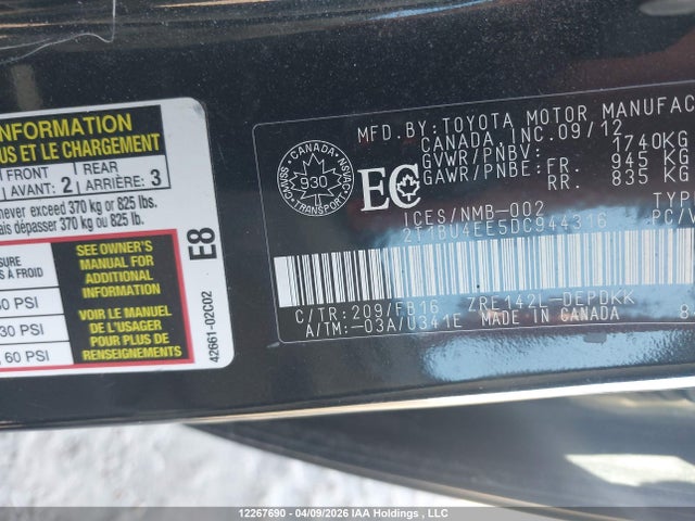 12267690 :رقم المزاد ، 2T1BU4EE5DC944316 vin ، 2013 Toyota Corolla Ce مزاد بيع