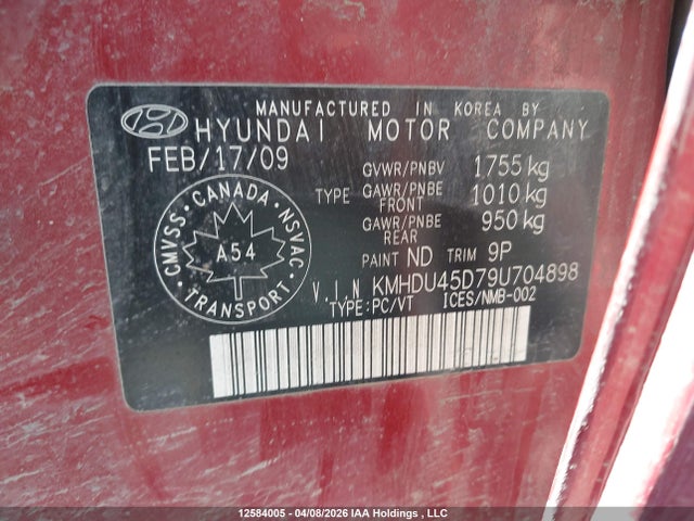12584005 :رقم المزاد ، KMHDU45D79U704898 vin ، 2009 Hyundai Elantra Gl/l مزاد بيع